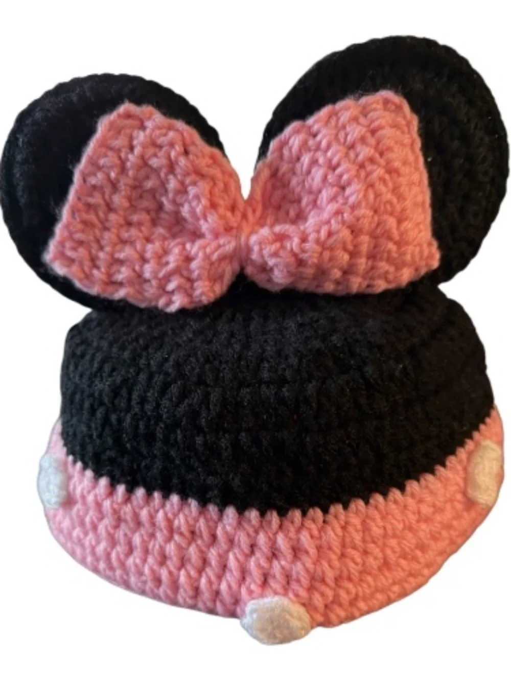 Minnie Mouse hand-crocheted beanie, New, 18” App